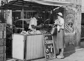 Marktstand mit Obst, Gemüse, Saleten und Kräutern in Köln 1950